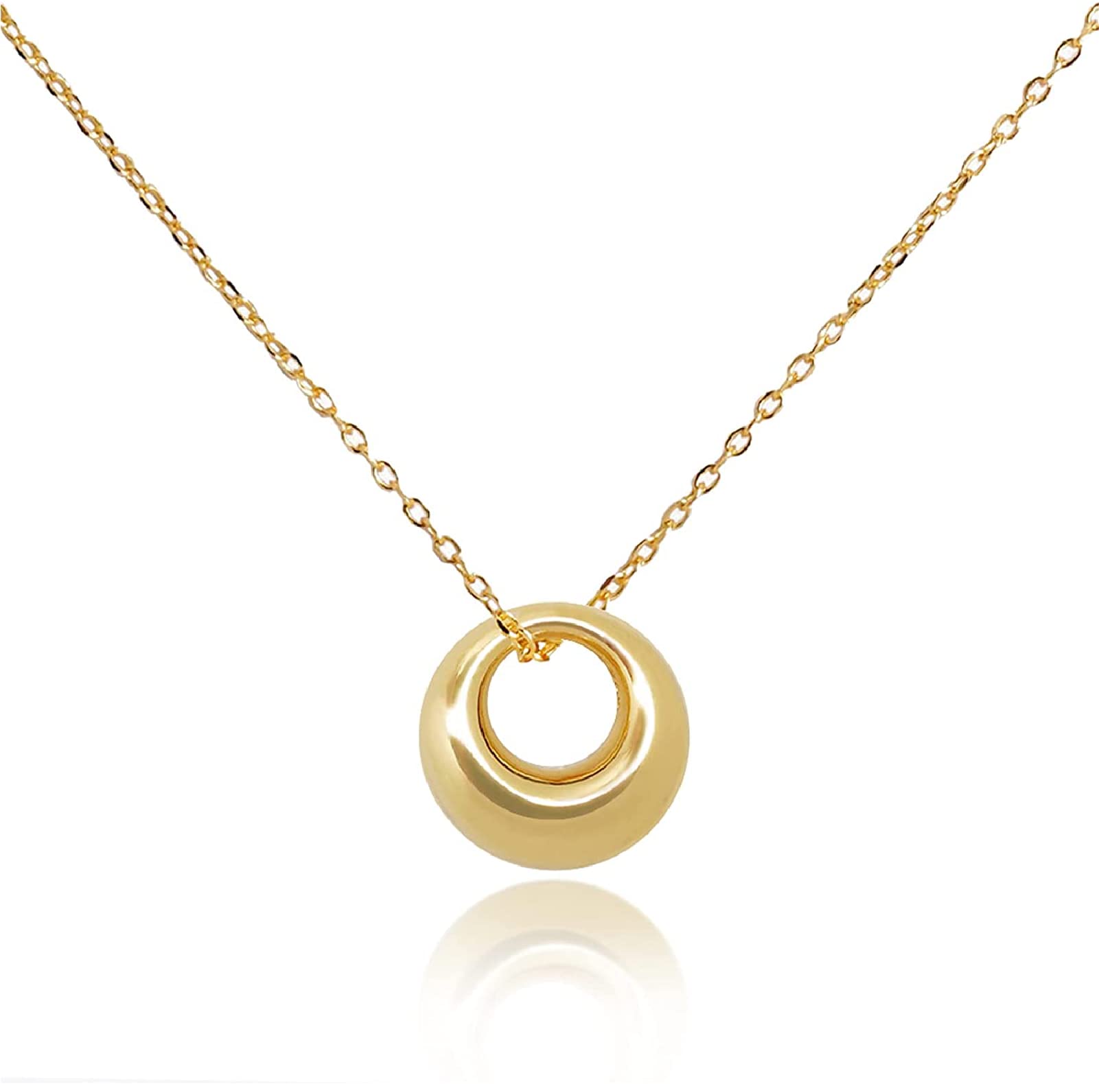 Little Ashley Jewelry 925 Sterling Silver 18k Gold Plated Simple Circle Pendent Necklace, Sterling Silver Pendant Necklace for Women Teen Girls Jewelry Gifts Adjustable 16-18 inches Link Chain (Gold)