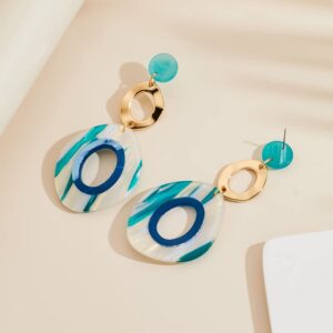 CLASSYZINT Long Acrylic Dangle Earrings For Women Round Blue Swirled Acrylic Resin Drop Gold Plated Dangle Earrings Boho Earrings Beach Jewelry