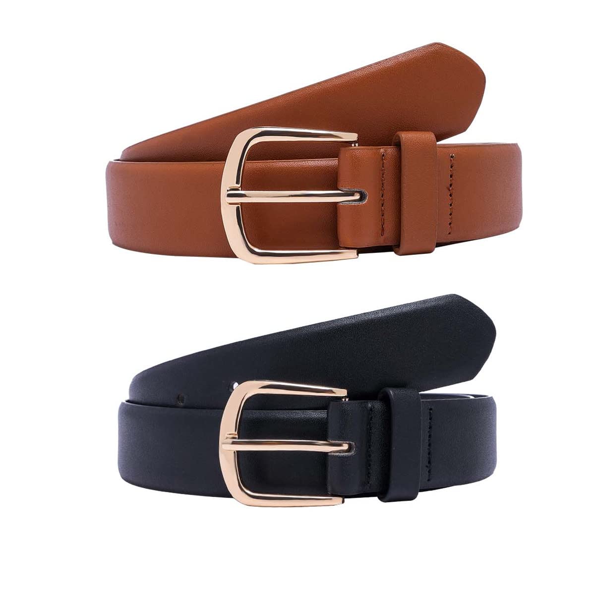 STRSTAR 2 Pack Womens Belt Leather Belts for Jeans Pants Dresses, Black and Brown Belts with Gold Buckle Ladies Belt