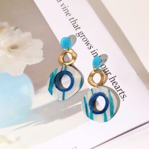 CLASSYZINT Long Acrylic Dangle Earrings For Women Round Blue Swirled Acrylic Resin Drop Gold Plated Dangle Earrings Boho Earrings Beach Jewelry