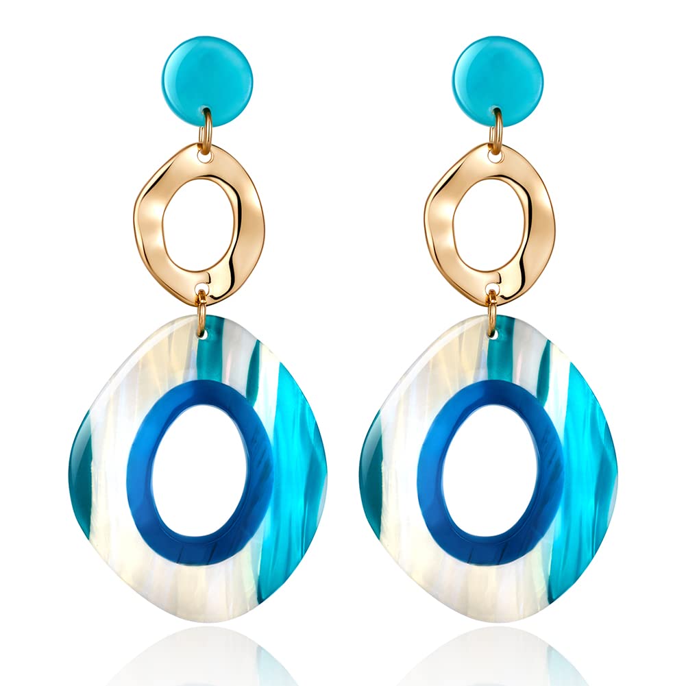 CLASSYZINT Long Acrylic Dangle Earrings For Women Round Blue Swirled Acrylic Resin Drop Gold Plated Dangle Earrings Boho Earrings Beach Jewelry