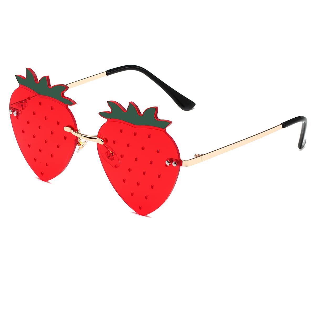 JOVAKIT Strawberry Shaped Sunglasses for Women Men Vintage New Rimless Sun Glasses Retro Rave Party Halloween Eyeglasses (Gold/Red)