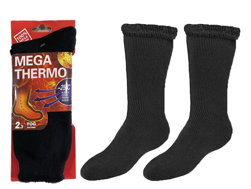 Petal Cliff 2 Pairs, Men's Heated Sox Socks Thick Thermal Socks Keeps Feet Warmer Longer 2.3 TOG heat rating.Size: 10-15. (Black)