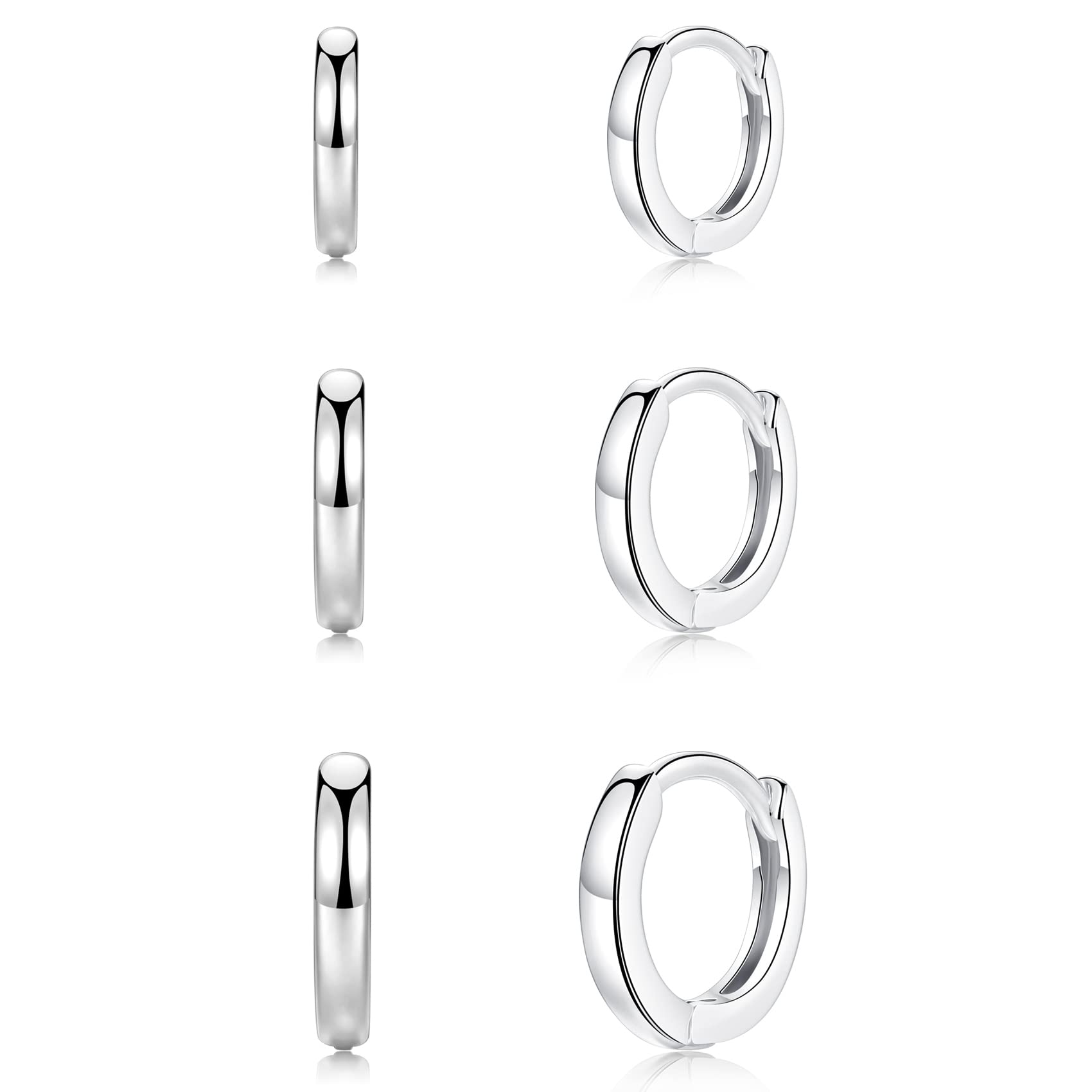 Small Cartilage Hoop Earrings for Women Men, 3 Pairs Hypoallergenic Sterling Silver Post Huggie Earrings, 8/10/12mm, Silver