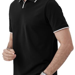 Aiyino Men's Muscle V Neck Polo Shirts Slim Fit Short Sleeve Cotton Golf T-Shirts Ribbed Knit Soft Tees Black-Large