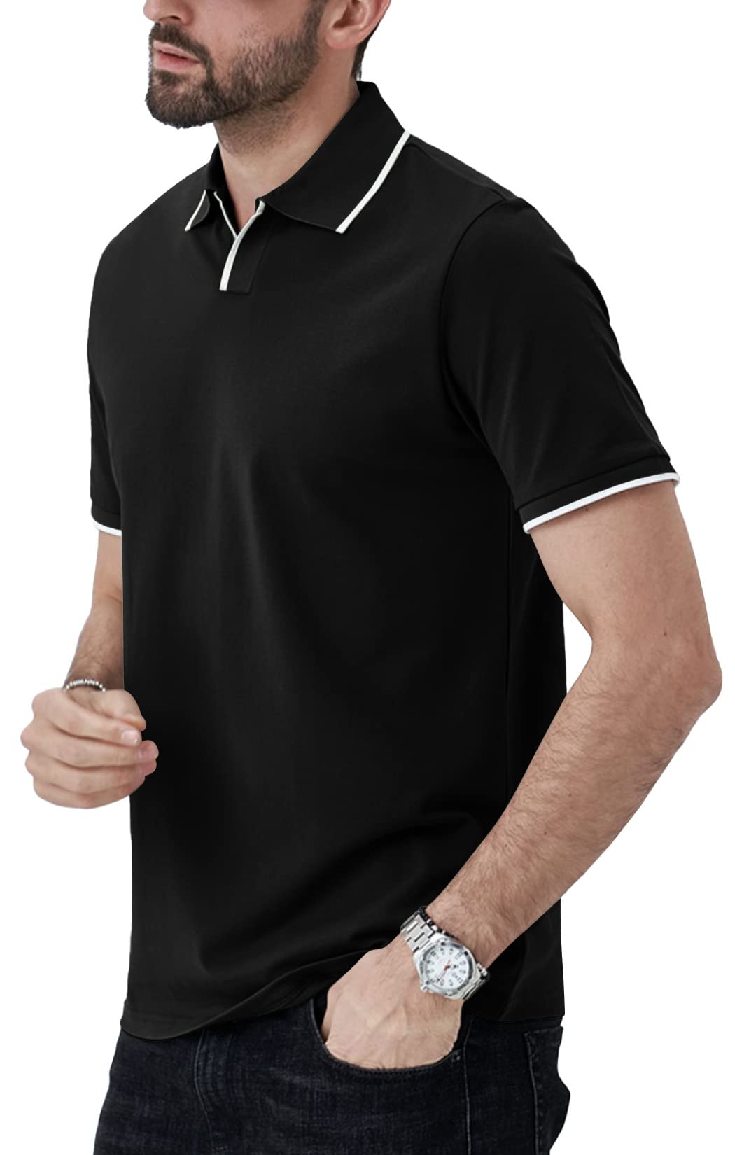 Aiyino Men's Muscle V Neck Polo Shirts Slim Fit Short Sleeve Cotton Golf T-Shirts Ribbed Knit Soft Tees Black-Large