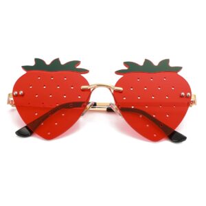 JOVAKIT Strawberry Shaped Sunglasses for Women Men Vintage New Rimless Sun Glasses Retro Rave Party Halloween Eyeglasses (Gold/Red)