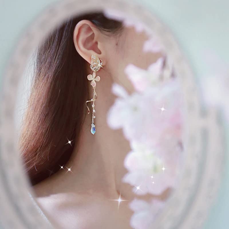 Pink Flower Sakura Leaf Earrings Fairy Sakura Flower Cat Statement Earrings Dainty Flower and Cat Earrings For Women(Butterflies and Flowers)