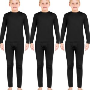 Silkfly 3 Set Boys Thermal Underwear Set Base Layer Fleece Lined Long Underwear for Kids Shirt and Pants Set for Boys Winter (Black, Medium)