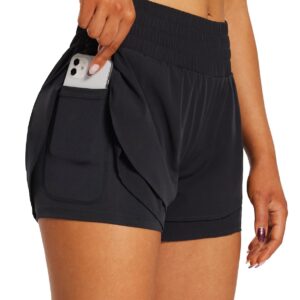 BALEAF Women's Workout Running Shorts 2 in 1 Spandex High Waisted 3" Athletic Shorts with Liner Pockets Black S