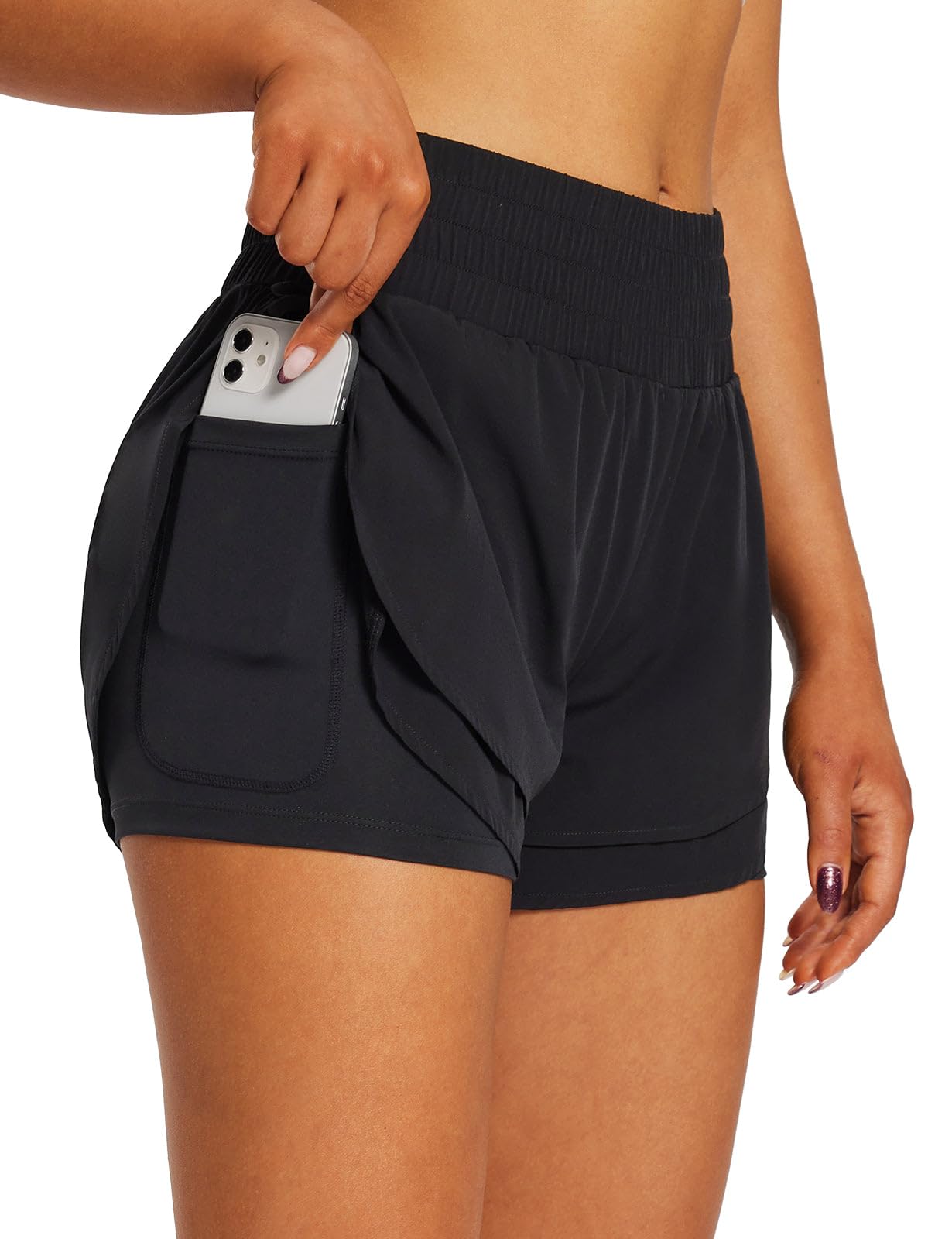 BALEAF Women's Workout Running Shorts 2 in 1 Spandex High Waisted 3" Athletic Shorts with Liner Pockets Black S