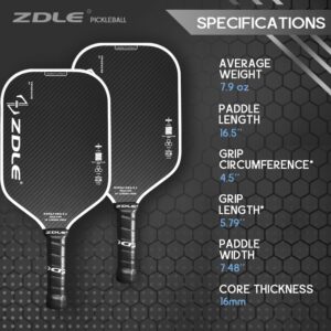 Zdle Pickleball Paddles, 8 oz Frosted Surface Graphite Pickleball Rackets, 3K Carbon Fiber and 16mm Polypropylene Core, Pickle Ball Raquette Set of 2 with Longated Handle