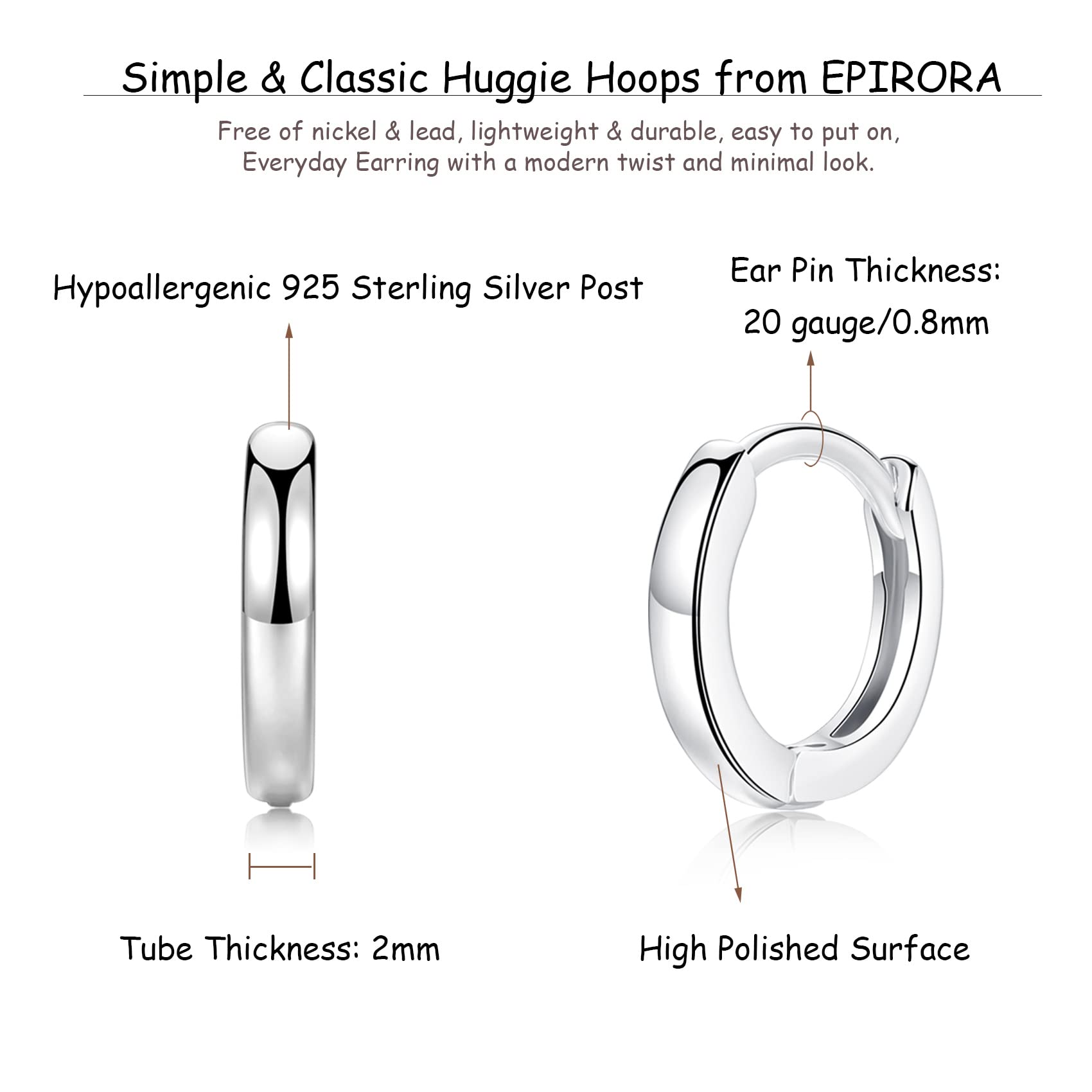 Small Cartilage Hoop Earrings for Women Men, 3 Pairs Hypoallergenic Sterling Silver Post Huggie Earrings, 8/10/12mm, Silver