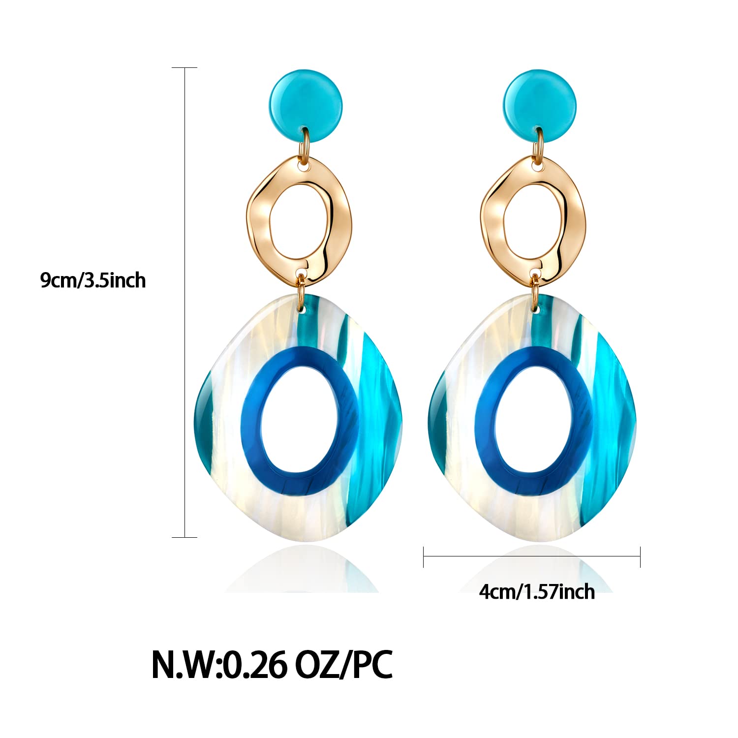 CLASSYZINT Long Acrylic Dangle Earrings For Women Round Blue Swirled Acrylic Resin Drop Gold Plated Dangle Earrings Boho Earrings Beach Jewelry