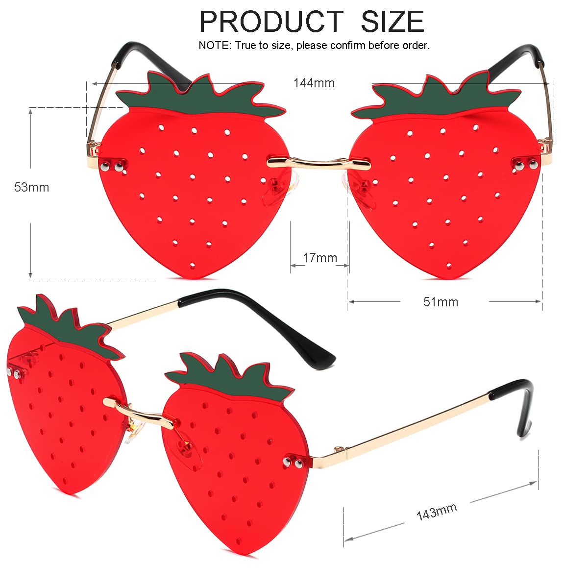 JOVAKIT Strawberry Shaped Sunglasses for Women Men Vintage New Rimless Sun Glasses Retro Rave Party Halloween Eyeglasses (Gold/Red)