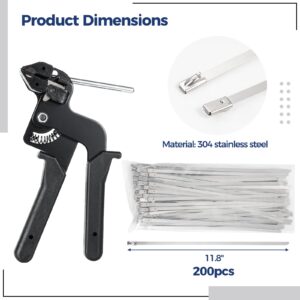 Cable Tie Gun Tool Kit, Metal Cable Zip Ties Tensioning and Cutting Tool with 200pcs Zip Ties, Metal Zip Tensioner with Built-in Cutter for Outdoor and Indoor Use