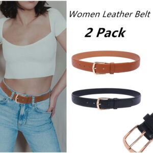 STRSTAR 2 Pack Womens Belt Leather Belts for Jeans Pants Dresses, Black and Brown Belts with Gold Buckle Ladies Belt