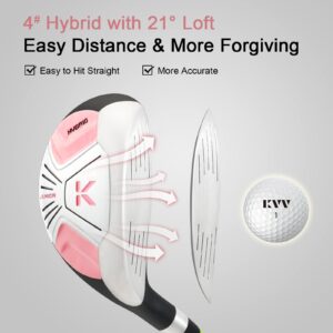 KVV Junior Complete Golf Club Set for Kids/Children Right Hand, 5-7 Years Old 4-Piece Set Includes 4# Hybrid, 7# & 9# Irons, Putter, Head Cover and Portable Golf Stand Bag(Pink 5-7)