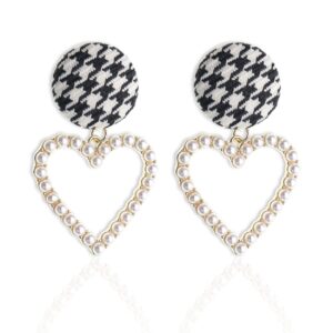 sonateomber black white antique pearl heart hoop drop dangle earrings for women, vintage cute retro round houndstooth checkered valentine love jewelry prom gift