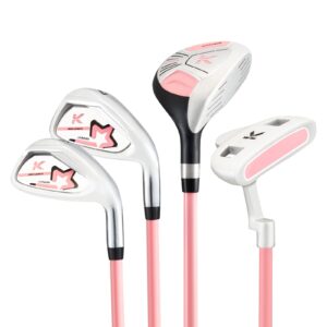 KVV Junior Complete Golf Club Set for Kids/Children Right Hand, 5-7 Years Old 4-Piece Set Includes 4# Hybrid, 7# & 9# Irons, Putter, Head Cover and Portable Golf Stand Bag(Pink 5-7)