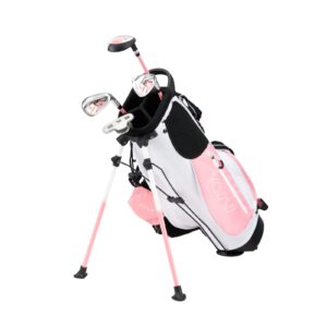 KVV Junior Complete Golf Club Set for Kids/Children Right Hand, 5-7 Years Old 4-Piece Set Includes 4# Hybrid, 7# & 9# Irons, Putter, Head Cover and Portable Golf Stand Bag(Pink 5-7)