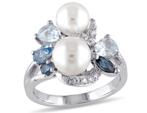 white freshwater cultured pearl with london, swiss and sky blue topaz and created white sapphire ring in sterling silver