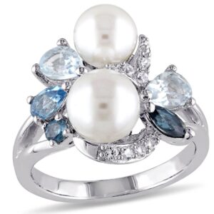 White Freshwater Cultured Pearl with London, Swiss and Sky Blue Topaz and Created White Sapphire Ring In Sterling Silver