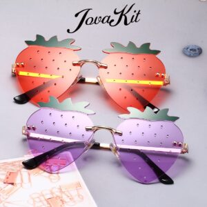 JOVAKIT Strawberry Shaped Sunglasses for Women Men Vintage New Rimless Sun Glasses Retro Rave Party Halloween Eyeglasses (Gold/Red)