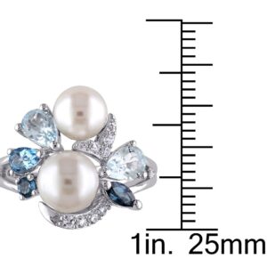 White Freshwater Cultured Pearl with London, Swiss and Sky Blue Topaz and Created White Sapphire Ring In Sterling Silver