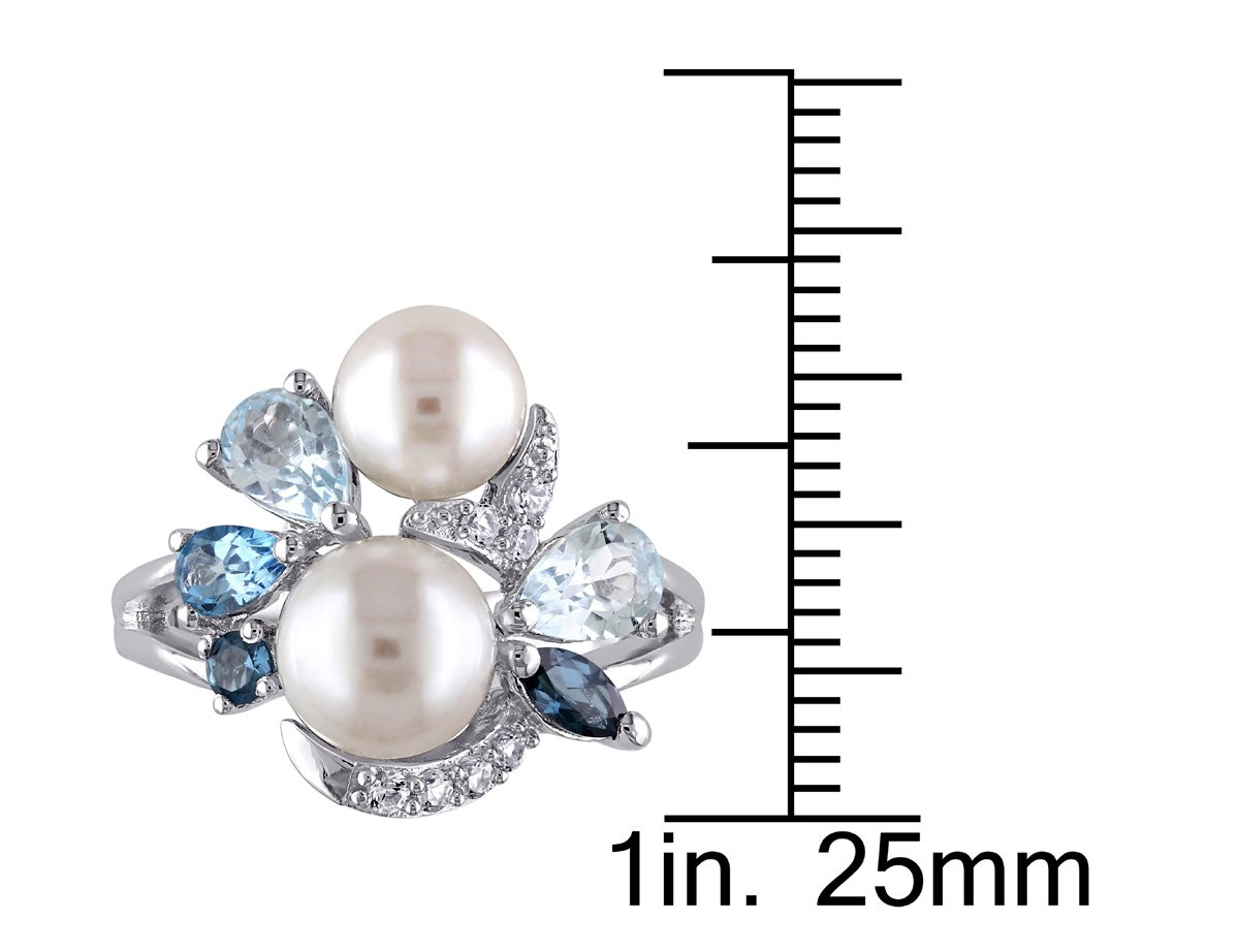 White Freshwater Cultured Pearl with London, Swiss and Sky Blue Topaz and Created White Sapphire Ring In Sterling Silver