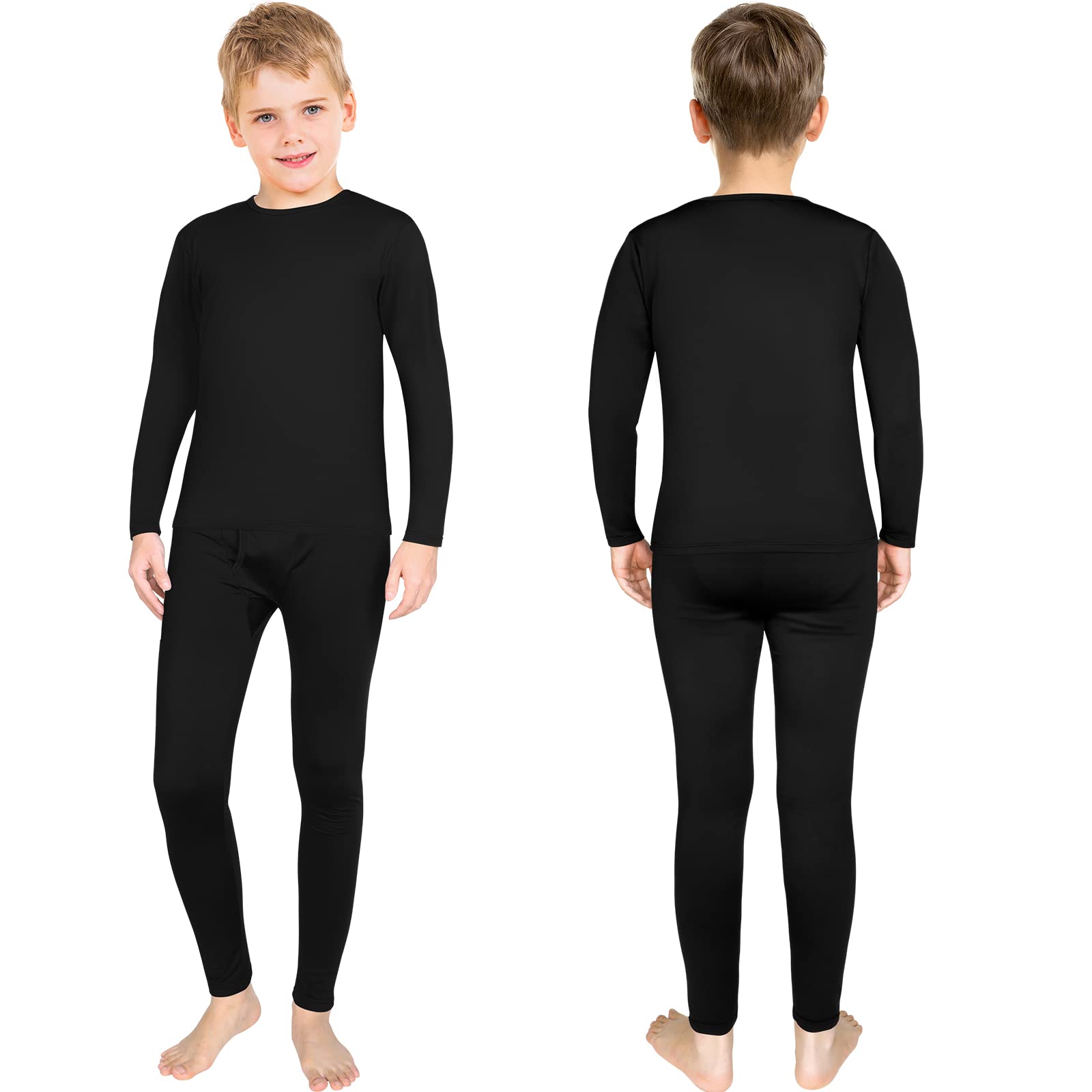 Silkfly 3 Set Boys Thermal Underwear Set Base Layer Fleece Lined Long Underwear for Kids Shirt and Pants Set for Boys Winter (Black, Medium)