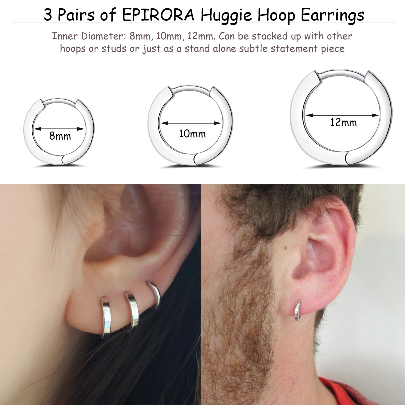 Small Cartilage Hoop Earrings for Women Men, 3 Pairs Hypoallergenic Sterling Silver Post Huggie Earrings, 8/10/12mm, Silver