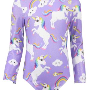 TENVDA Gymnastics Leotards for Girls with Dance Shorts 6-7 Years Old Purple Sparkly Unicorn Printed USA Kids Long Sleeve One-Piece Athletic Bodysuit Tumbling Outfit