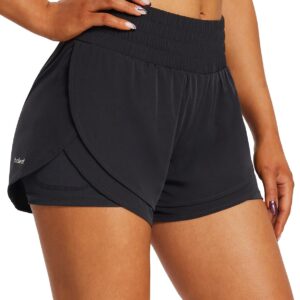 BALEAF Women's Workout Running Shorts 2 in 1 Spandex High Waisted 3" Athletic Shorts with Liner Pockets Black S