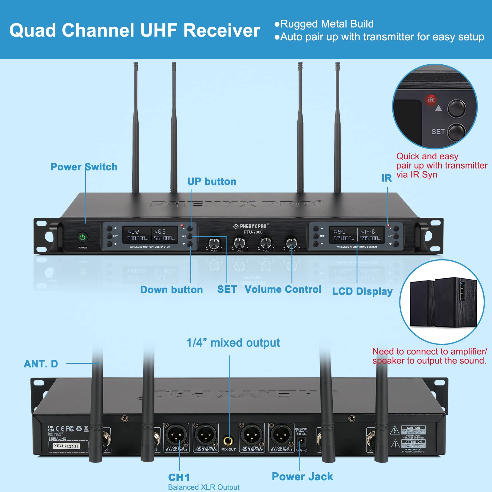 Phenyx Pro 4 Channel Wireless Microphone System PTU-7000B with Handheld Microphone PWH-7