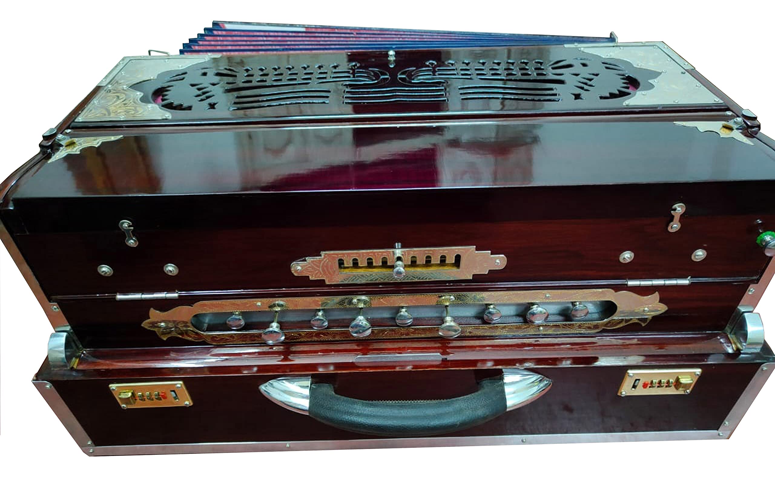 Ladies Scale Changer Kolkata Harmonium 9 stoppers 3¾ Octaves Gorgeous Lacquer Polish on Full Teakwood Construction Male Female Bass Premium Palitana Reeds