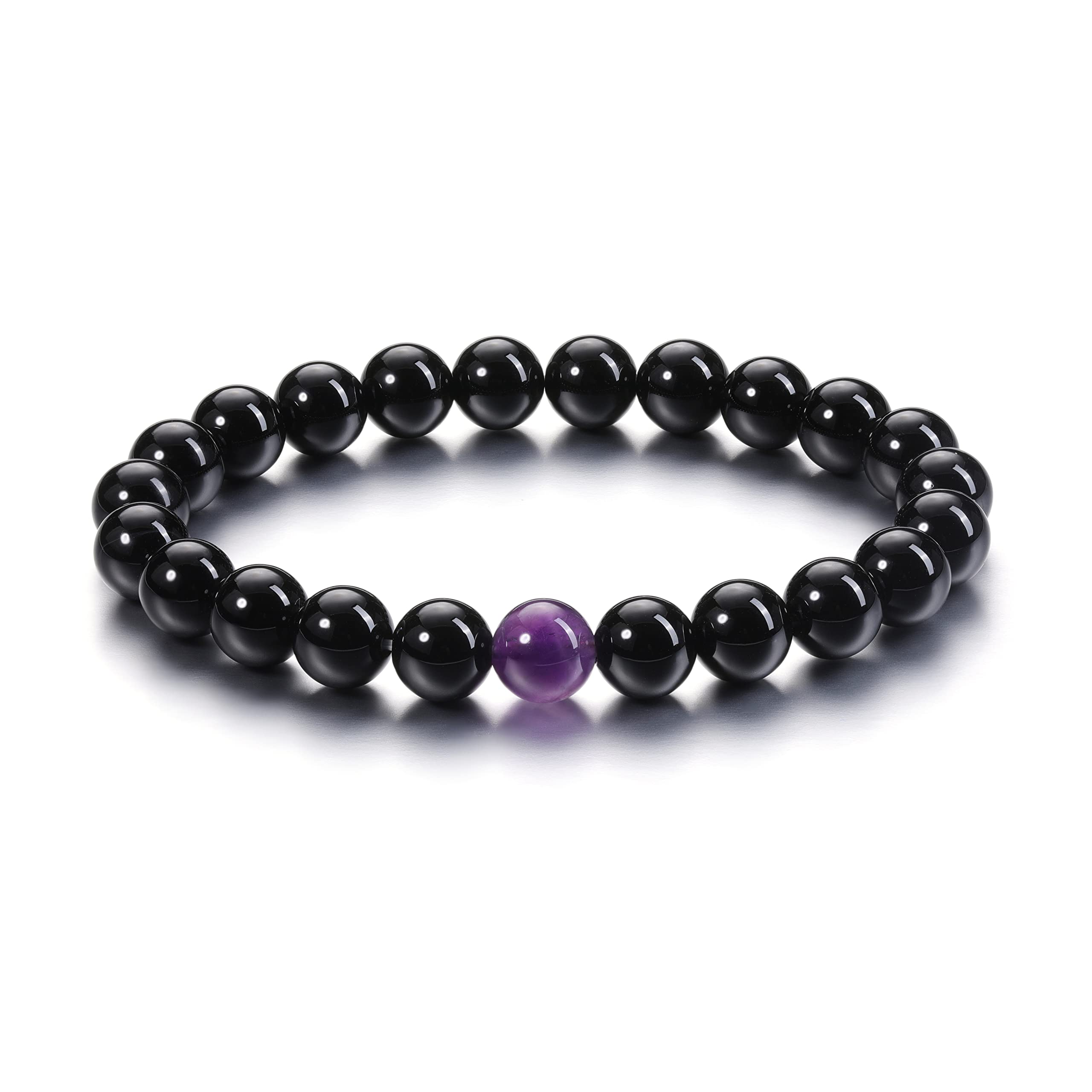 Jovivi 2pcs 8mm Black Obsidian & Amethyst Healing Crystal Stone Stretch Bracelets Handmade Natural Round Gemstone Beaded Energy Beads Chakra Bracelet for Women Men Couples Distance Gifts