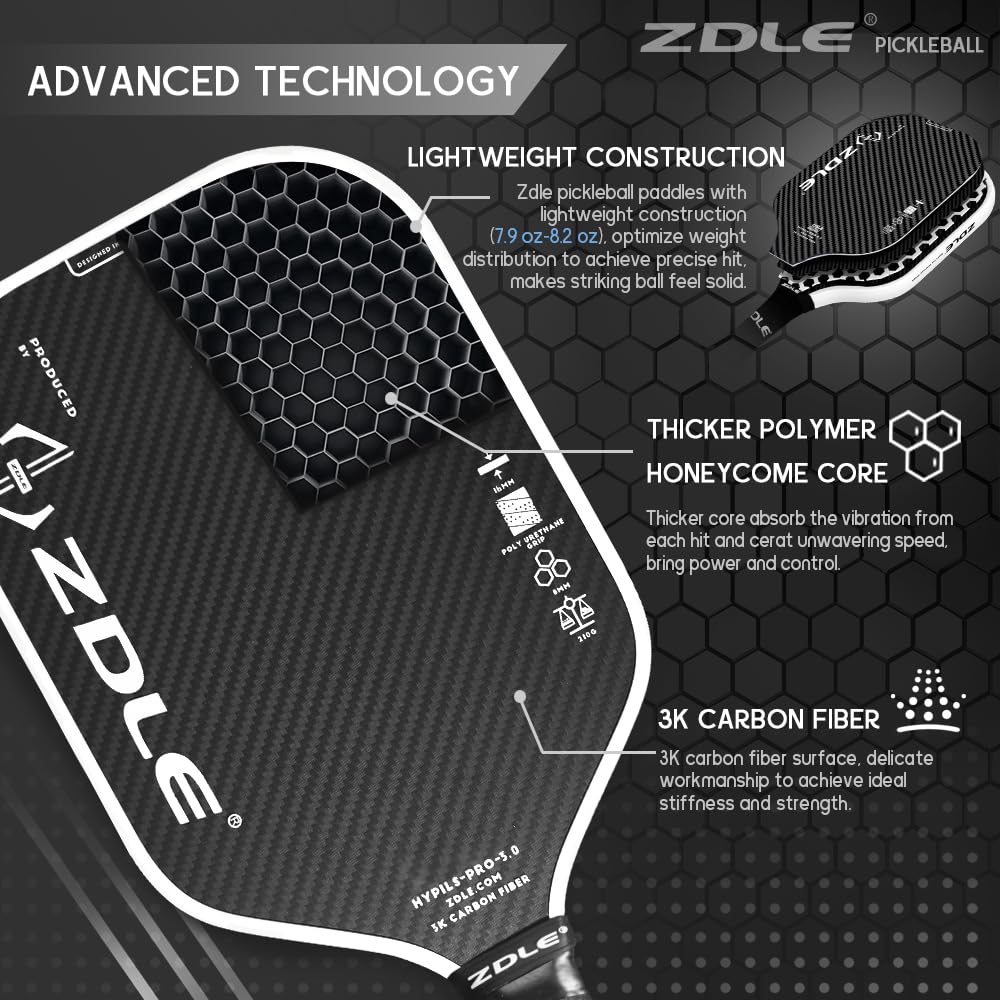 Zdle Pickleball Paddles, 8 oz Frosted Surface Graphite Pickleball Rackets, 3K Carbon Fiber and 16mm Polypropylene Core, Pickle Ball Raquette Set of 2 with Longated Handle