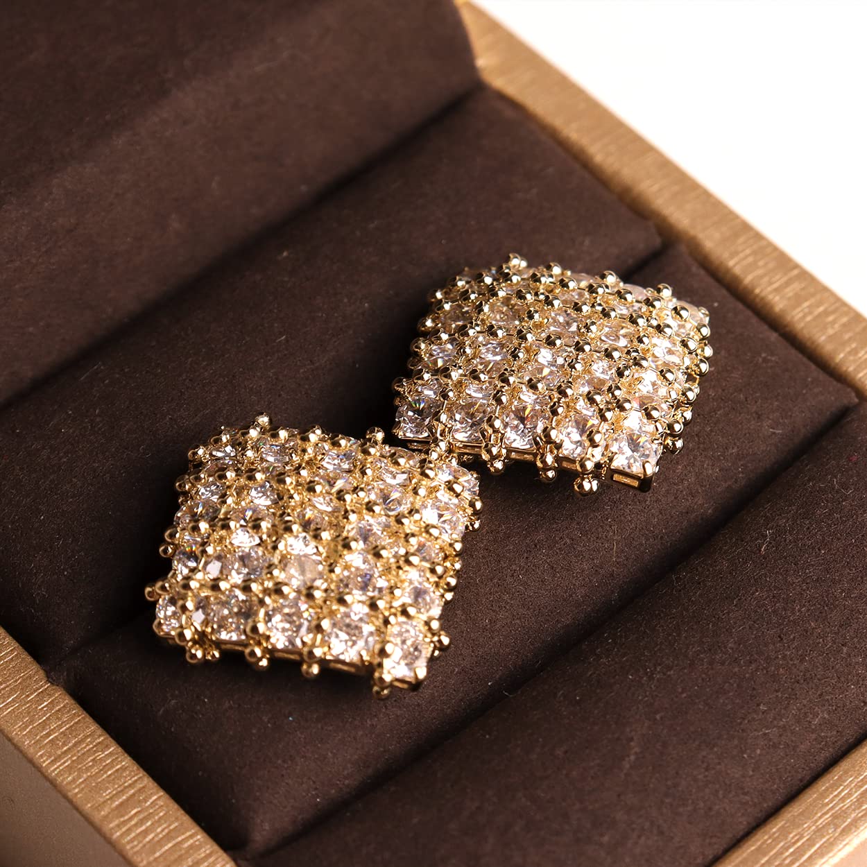 Sonateomber Large Rhinestone Stud Gold Square Geometric Statement Earrings for Women - Big Sparkly Cubic Zirconia Ball Beaded Vintage Rhombus Jewelry Gift