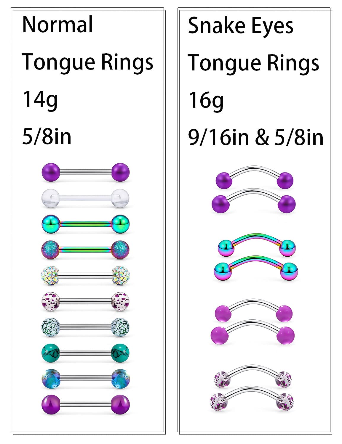 Leiainely Tongue Rings Snake Frog Eyes Bite Piercing Jewelry for Women Men Work 14g 14 Gauge Cute Green Rainbow Surgical Stainless Steel Metal Plastic Acrylic Para La Lengua Aretes Barbell Balls