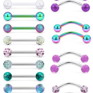 Leiainely Tongue Rings Snake Frog Eyes Bite Piercing Jewelry for Women Men Work 14g 14 Gauge Cute Green Rainbow Surgical Stainless Steel Metal Plastic Acrylic Para La Lengua Aretes Barbell Balls