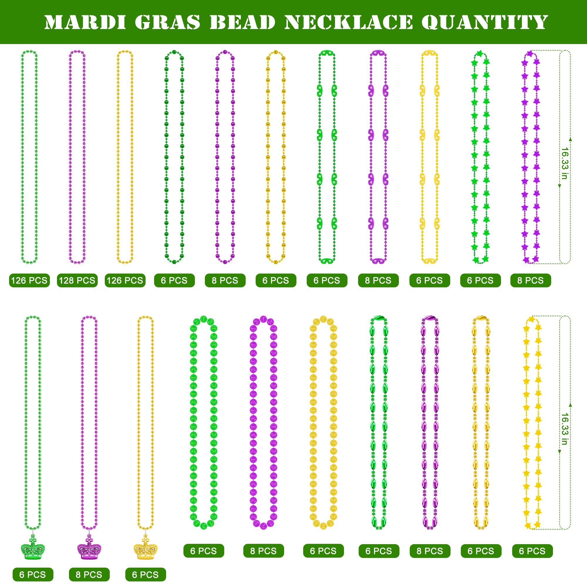 500PCS Mardi Gras Beads Throws, Bulks Green Purple Gold Metallic Mardi Gras Beads Necklaces Accessories Bulks, Mardi Gras Beads Necklace Costumes for Parade Throws Party Decorations Favor Supplies