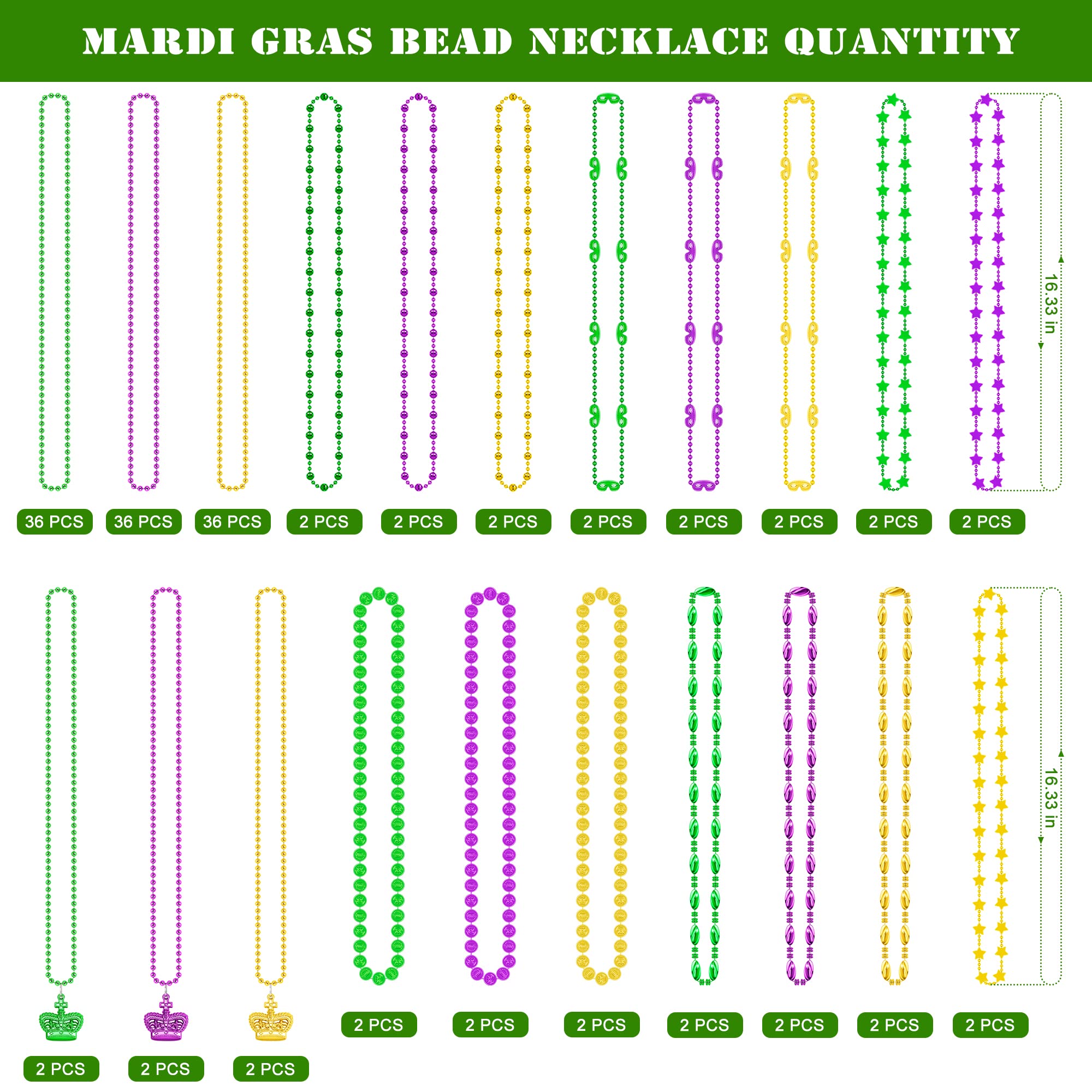 144PCS Mardi Gras Beads Throws, Mardi Gras Green Purple Gold Metallic Beads Necklaces Accessories Bulk, Mardi Gras Beads Necklace Costumes Women Men Kids for Parade Throws Party Decor Favor Supplies