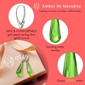 Amber by Mazukna - Green Amber Earrings for Women - Silver ag925 Closure, 1.77x0.34in 0,07oz, Statement Semi-Precious GemstoneStone Women's Jewelry (Silver)