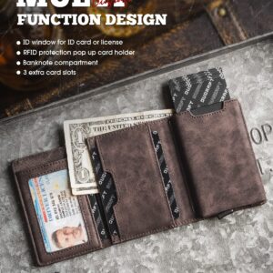 DUGRAFT Card Holder Wallet with ID Window, Leather Mens RFID Blocking Minimalist Pop-Up Wallet Aluminum Metal Credit Card Case with Banknote Compartment