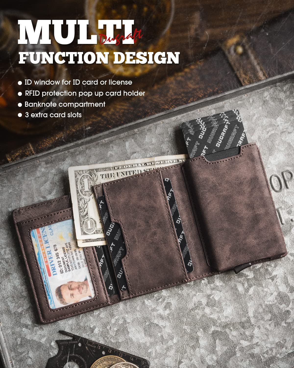 DUGRAFT Card Holder Wallet with ID Window, Leather Mens RFID Blocking Minimalist Pop-Up Wallet Aluminum Metal Credit Card Case with Banknote Compartment