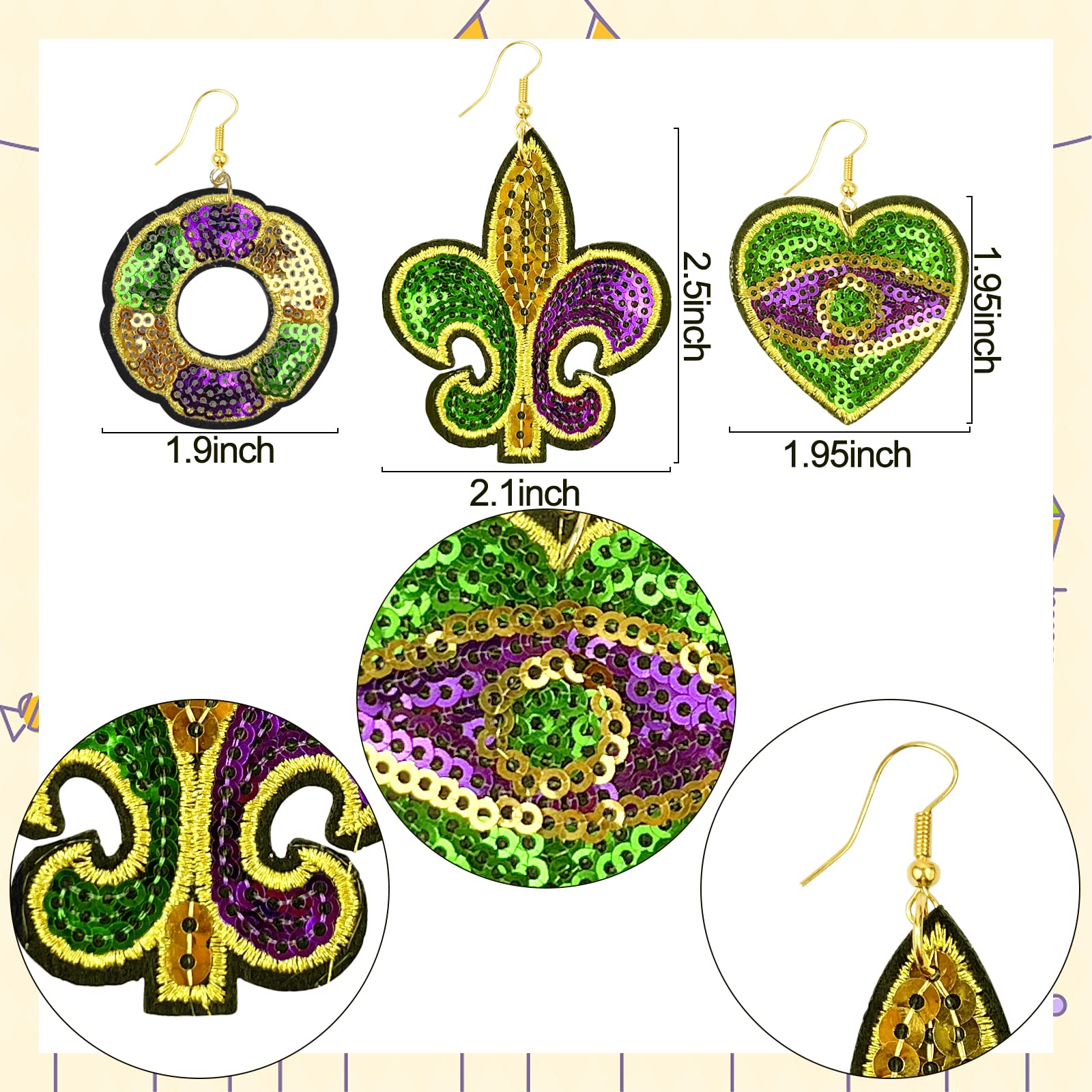 3 Pack Mardi Gras Earrings Fleur De Lis Dangle Earrings Dangle Drop Earrings for Women Mardi Gras Cosplay Accessories