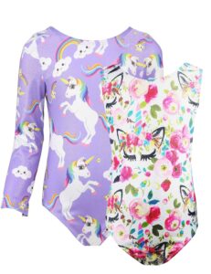 tenvda gymnastics leotards for girls with dance shorts 6-7 years old purple sparkly unicorn printed usa kids long sleeve one-piece athletic bodysuit tumbling outfit