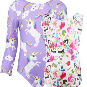 TENVDA Gymnastics Leotards for Girls with Dance Shorts 6-7 Years Old Purple Sparkly Unicorn Printed USA Kids Long Sleeve One-Piece Athletic Bodysuit Tumbling Outfit