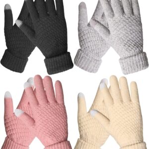 4 Pairs Womens Winter Gloves Warm Touch Screen Knit Fleece Gloves for Women Cold Weather (Black, Gray, Pink, Beige, One Size)